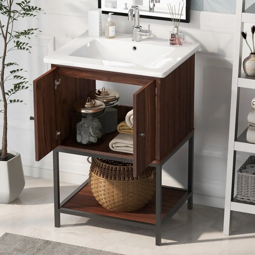 Viedo 24 Inch Walnut Finish Bathroom Vanity Cabinet 2 Soft Close Doors rnb