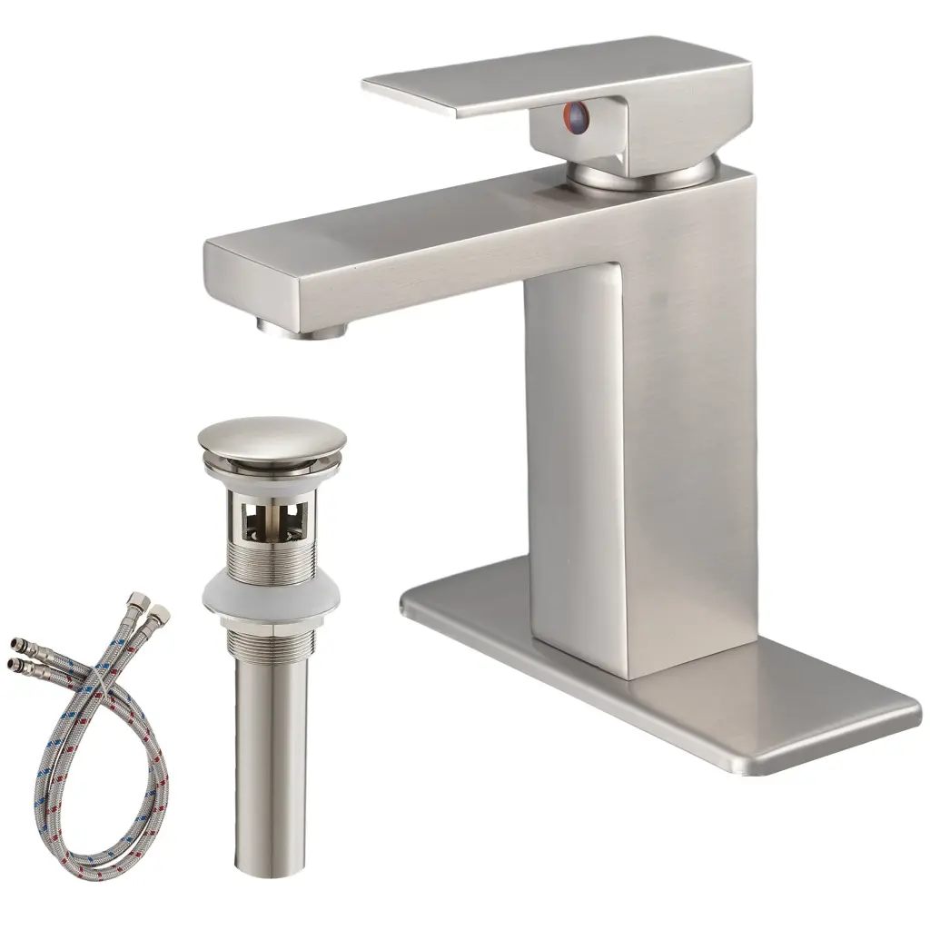 Brushed Nickel Low Arc Single Handle Bathroom Sink Faucet Drain bathininc
