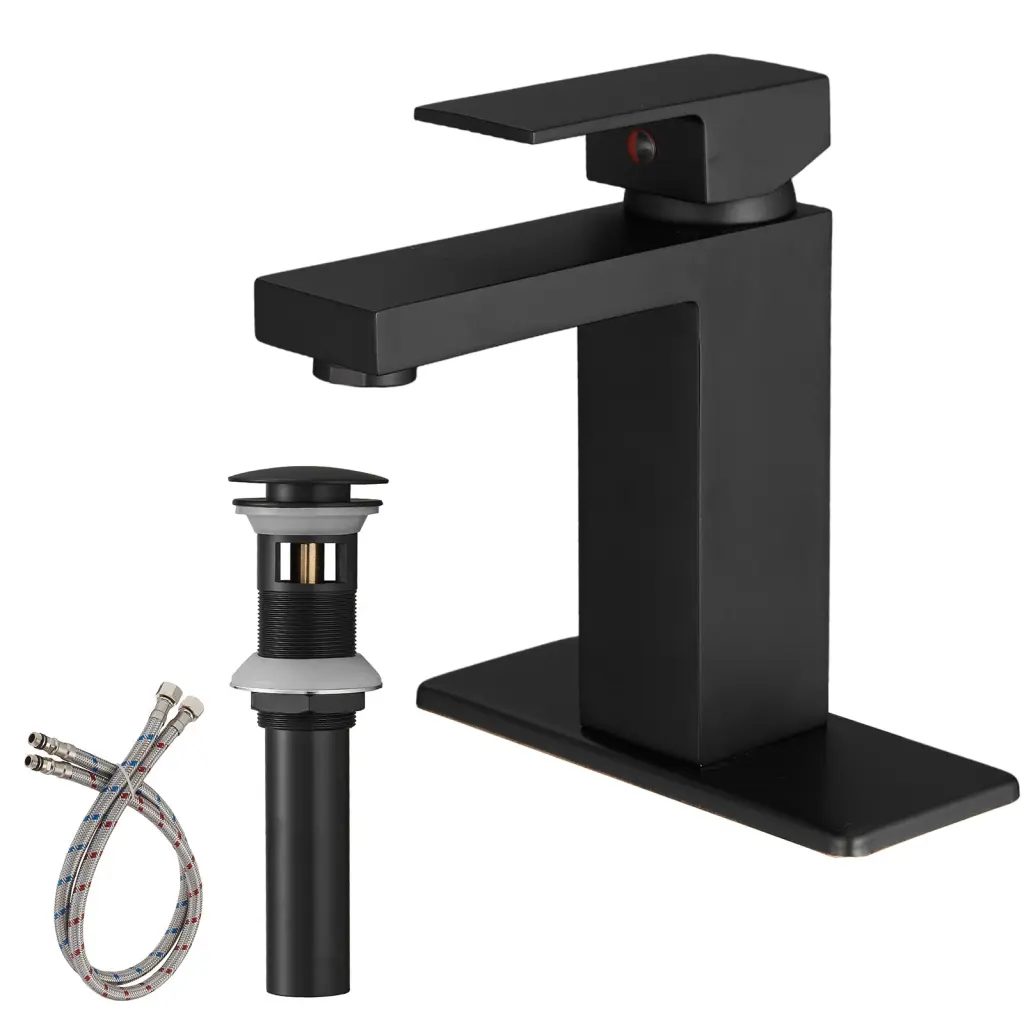 Matte Black Low Arc Single Handle Bathroom Sink Faucet Drain bathininc