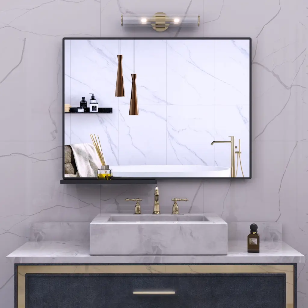 Modern Black Rectangular Bathroom Mirror Storage Shelf beautme