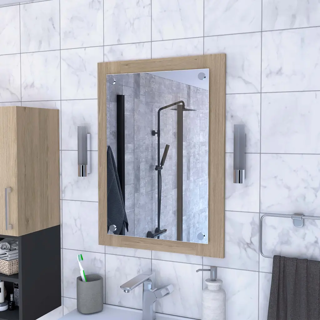 Devoux Rectangle Bathroom Mirror Light Pine Brown Glass furniture max