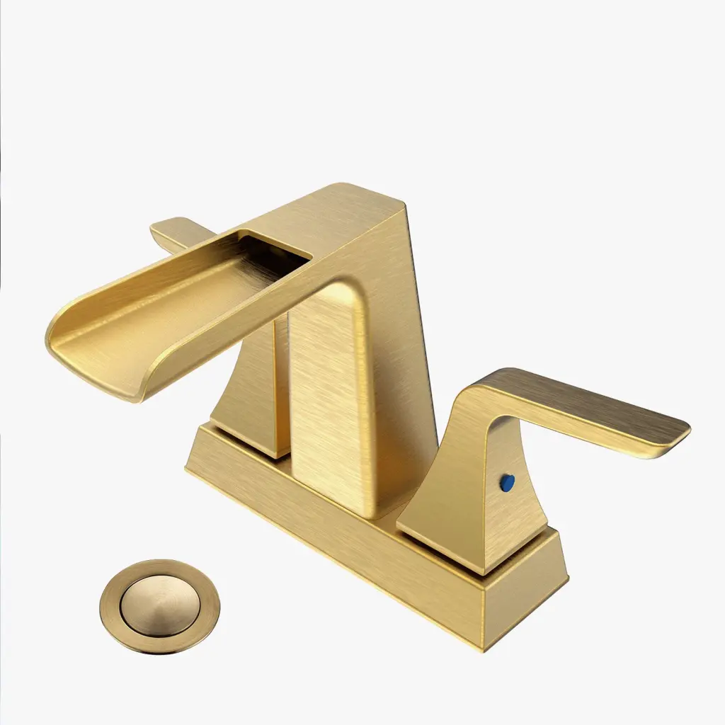 Two Handle 4 Inch Centerset Waterfall Bathroom Sink Faucet Brushed Gold mexile