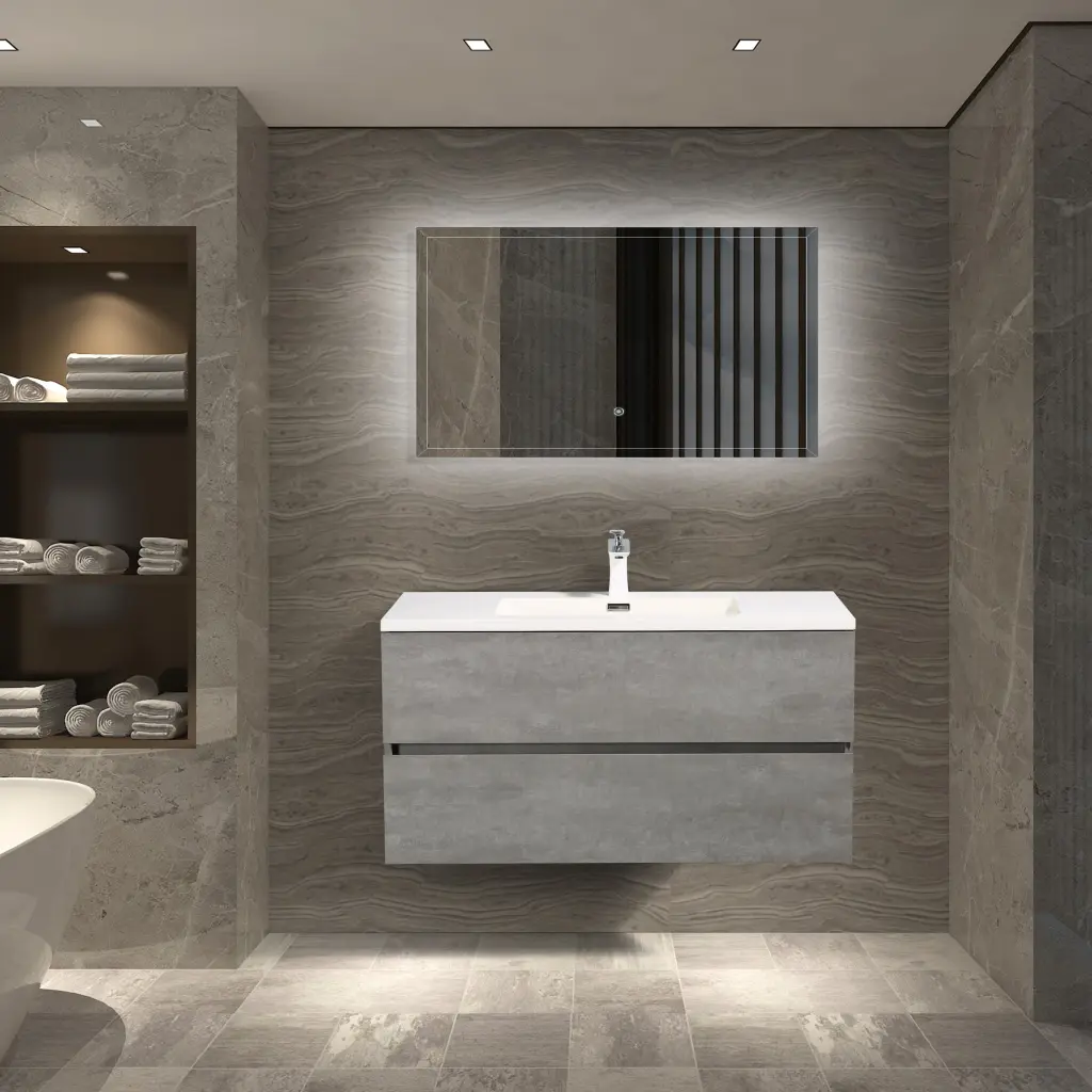 36 Inch Wall Mounted Single Bathroom Vanity Ash Gray White Solid Surface bathininc