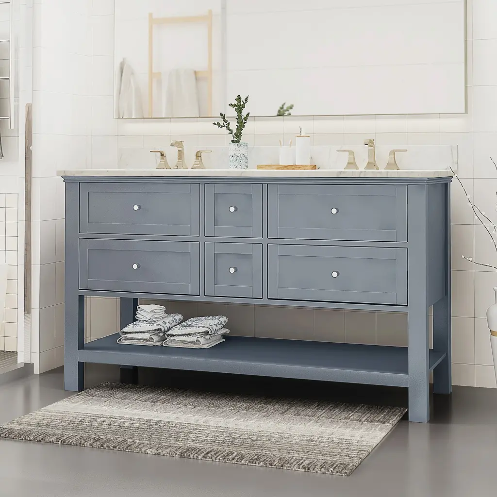 61 Inch Bathroom Vanity Marble Top Double Ceramic Sinks 4 Drawers Storage nh-bo