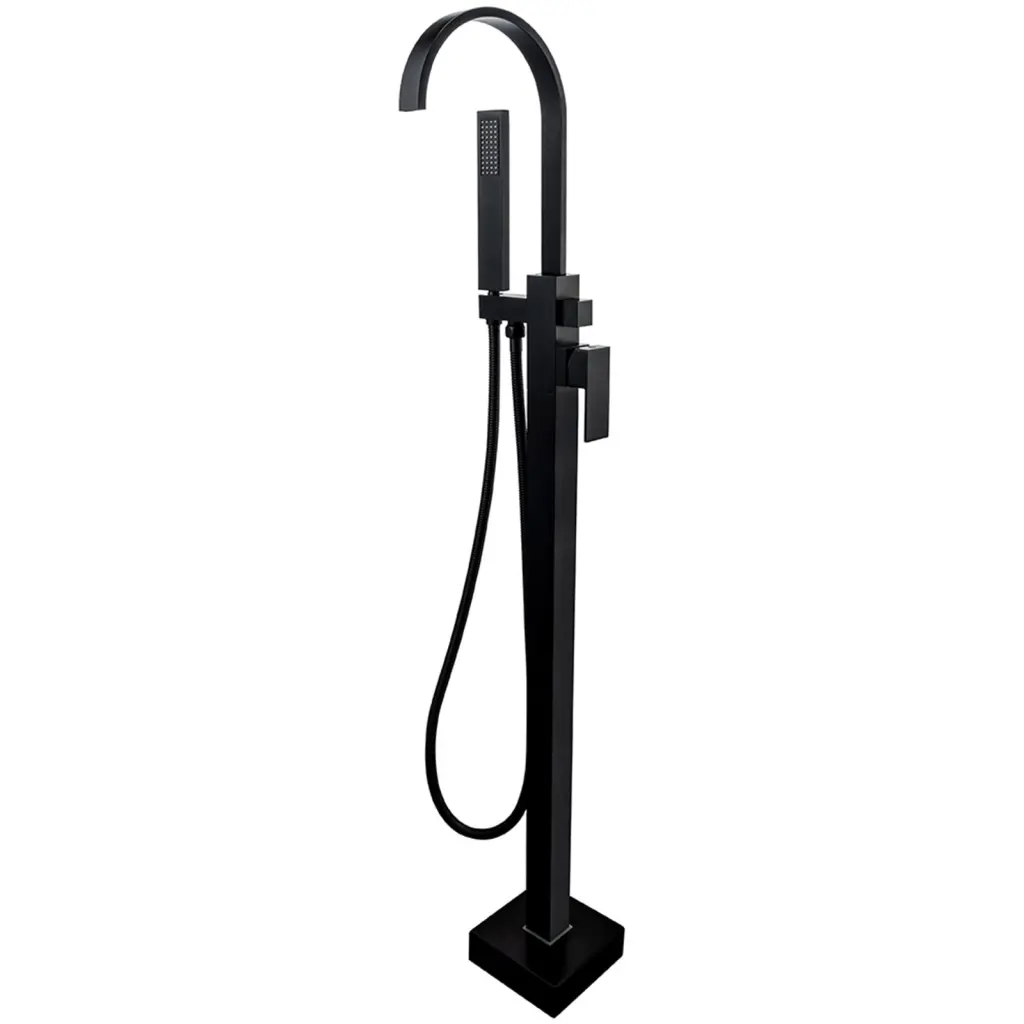 Matte Black Waterfall Freestanding Tub Filler Floor Mount Bathtub Faucet bathininc