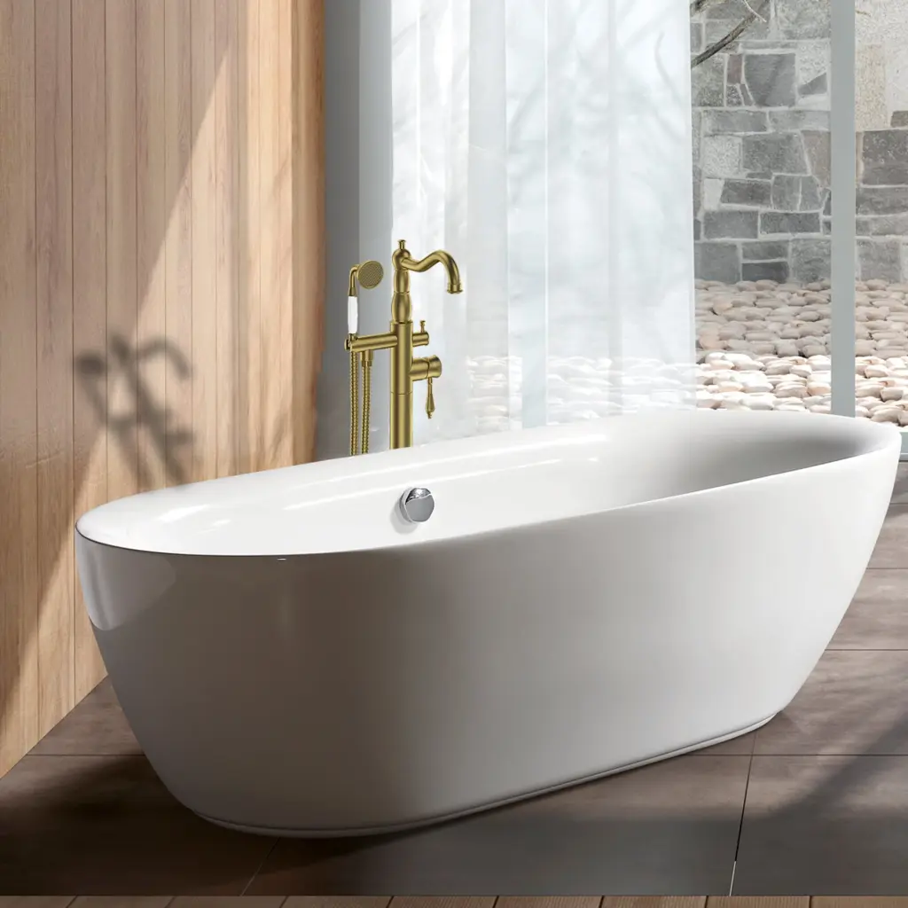 Freestanding Bathtub Faucet Hand Shower Brushed Gold Finish w1533