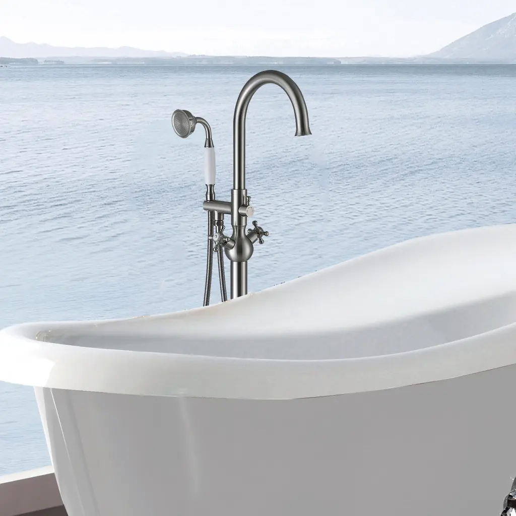 Freestanding Bathtub Faucet Hand Shower Brushed Nickel Metal w1533