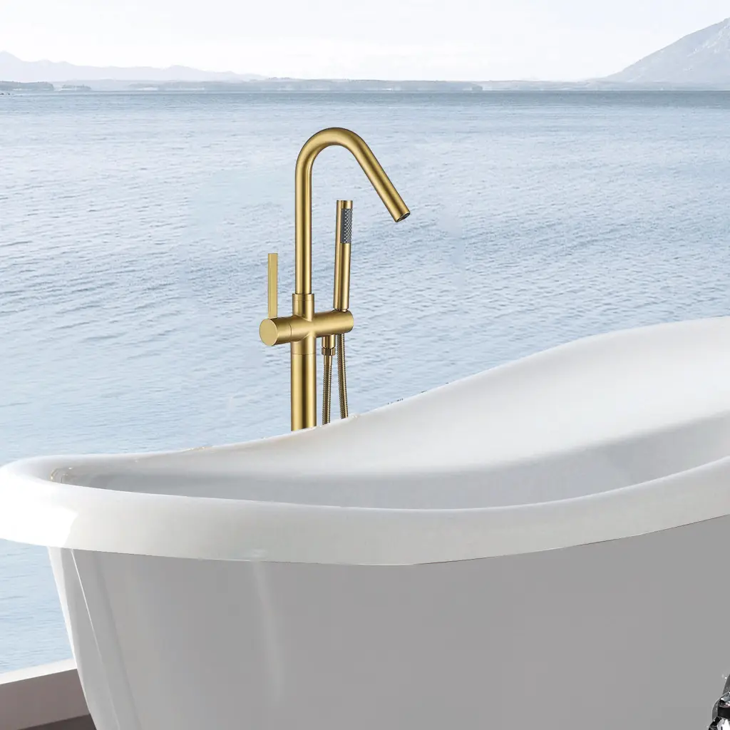 Freestanding Bathtub Faucet Hand Shower Gold Metal Luxury Bathroom Fixture w1533