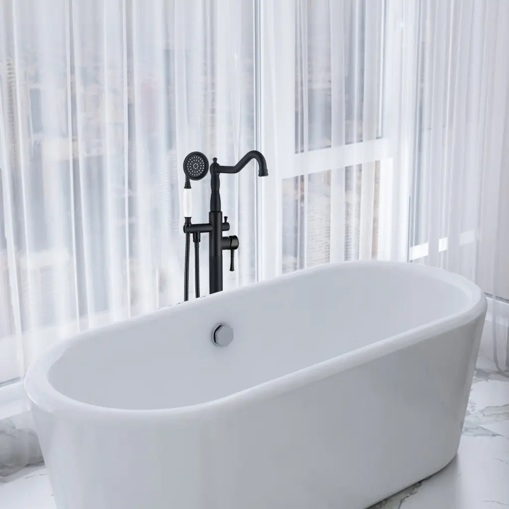Freestanding Bathtub Faucet Hand Shower Matte Black Metal Finish w1533