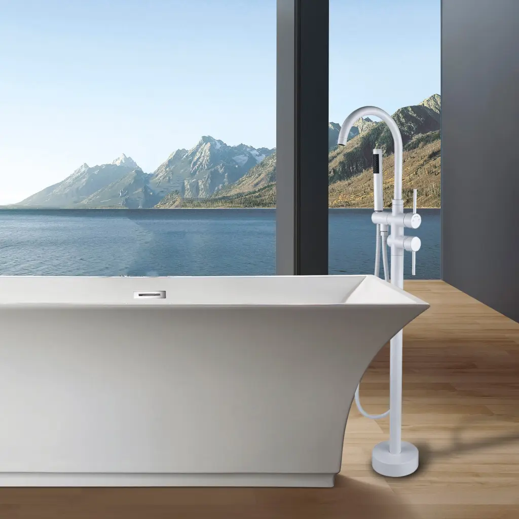Freestanding Bathtub Faucet Hand Shower White Metal Finish w1533