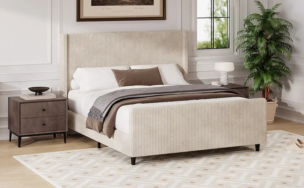 50.7 Inch High Headboard Corduroy Upholstered Bed Frame Vertical Stripes bed best