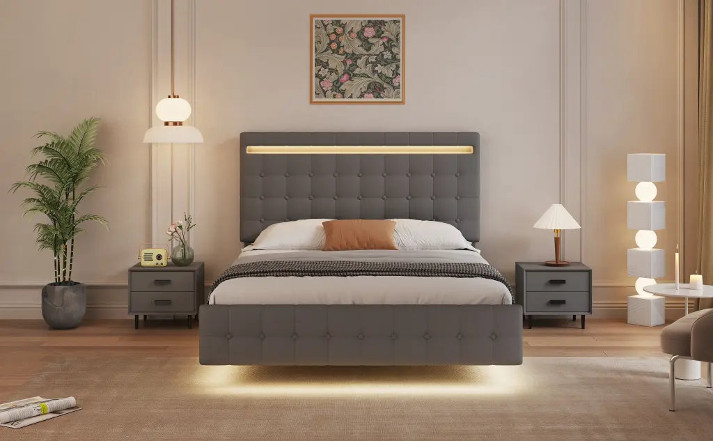 Floating Bed Frame Queen Size LED Lights and Upholstered Headboard bedepot