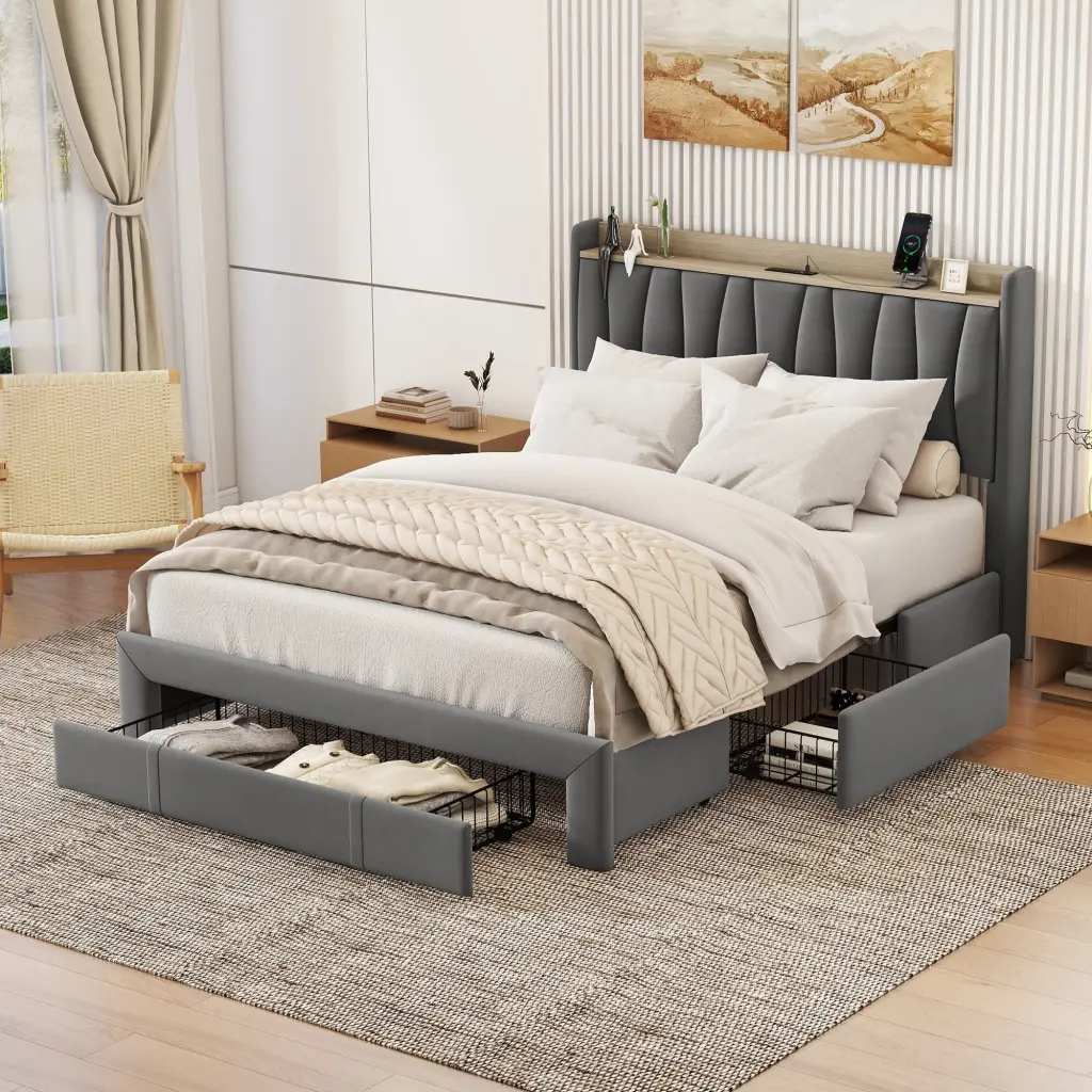 Queen Size Bed Frame Storage Headboard and Charging Station Upholstered bonwell