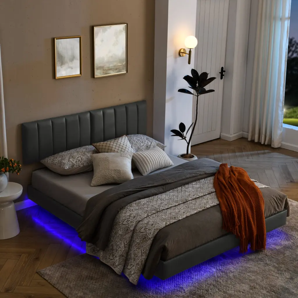 Queen Floating Bed Frame LED Lights And Wall Mounted Headboard Modern chuangyuan smart home