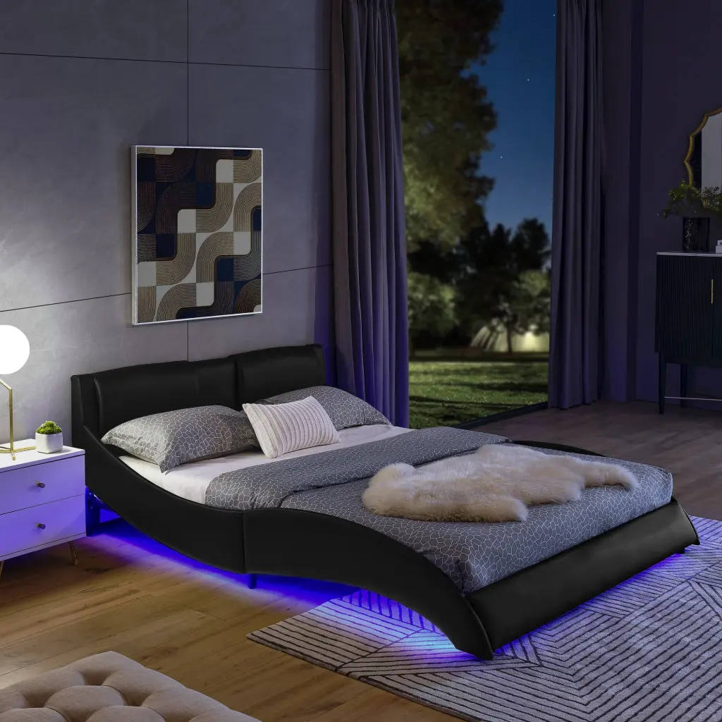 Queen LED Bed Frame Modern Faux Leather Upholstered Platform Bed chuangyuan smart home