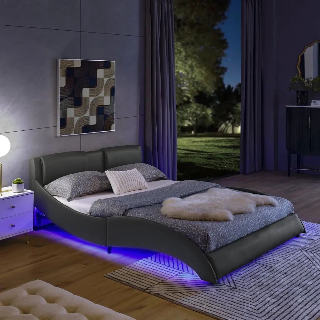 Queen Led Bed Frame Modern Faux Leather Upholstered Platform Bed Frame chuangyuan smart home