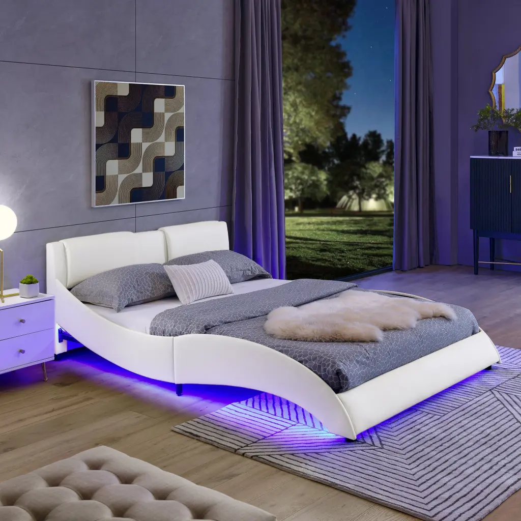 Queen Size LED Bed Frame Modern Faux Leather Upholstered Platform Design chuangyuan smart home