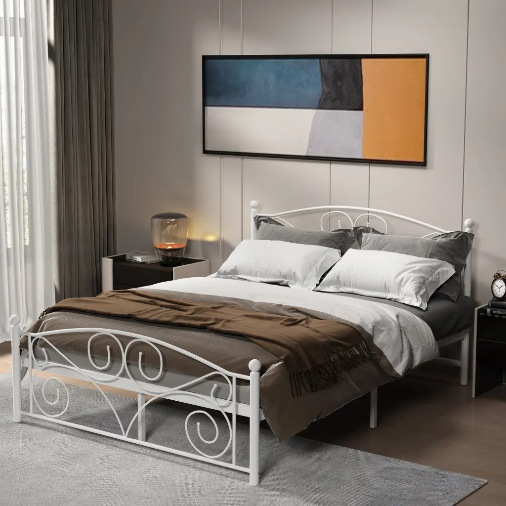 Full Metal Bed Frame White Queen Size Sturdy Modern Bedroom Furniture civilfurniture