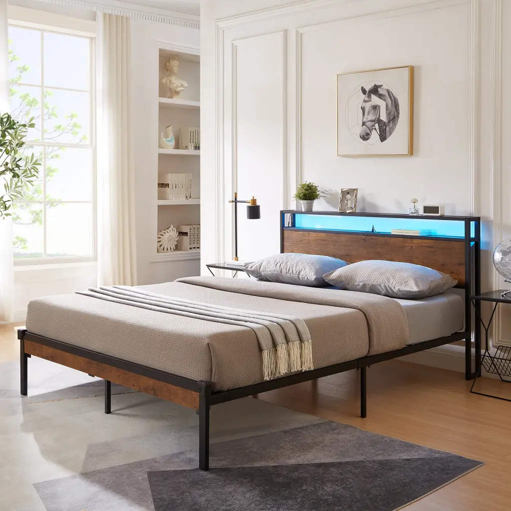 Full Size Metal Platform Bed Frame Wooden Headboard And Footboard - Sturdy Modern Bed Frame civilfurniture