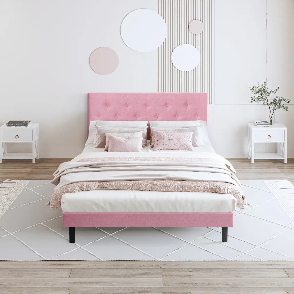 Full Size Upholstered Platform Bed Frame Modern Button Tufted Linen civilfurniture