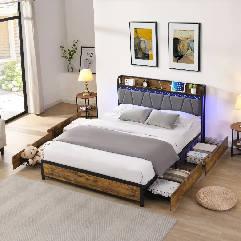 Queen Size Bed Frame Storage Headboard Charging Station And 4 Drawers civilfurniture