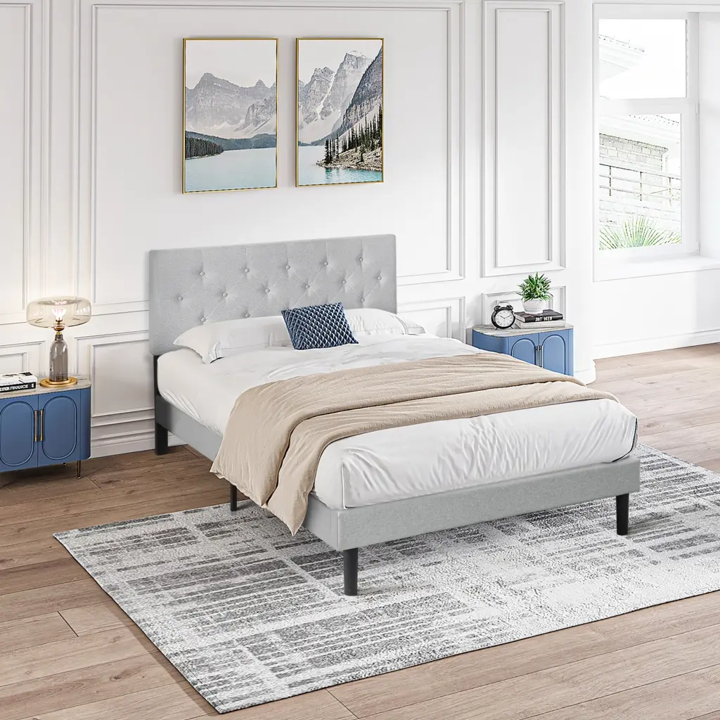 Queen Size Upholstered Platform Bed Frame Modern Button Tufted Headboard civilfurniture