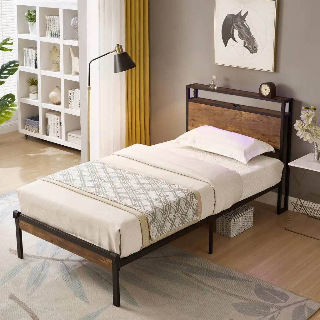 Twin Size Metal Platform Bed Frame Wooden Headboard And Footboard civilfurniture