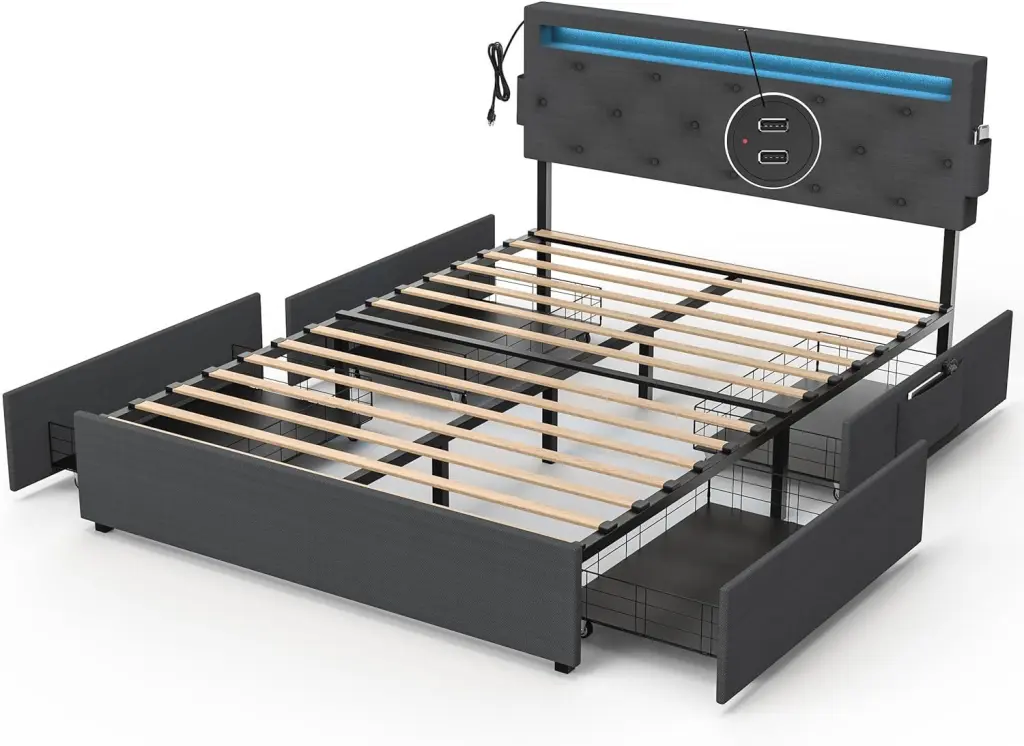 Full Bed Frame USB Charging Station and LED Lights Modern Platform Bed Storage f-concept