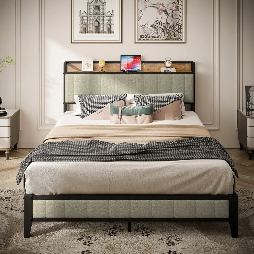 Full Size Bed Frame Charging Station Upholstered Headboard Metal Frame f-concept