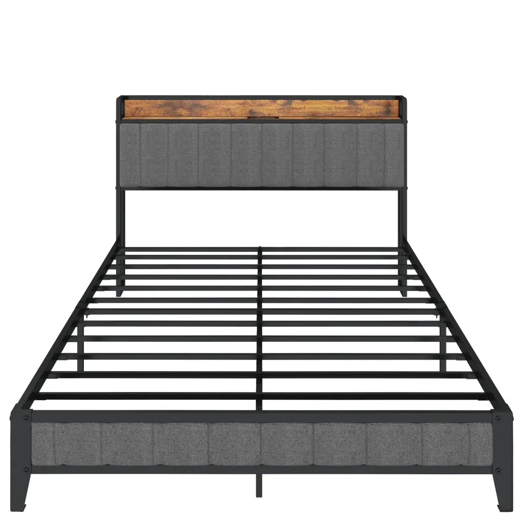 Full Size Bed Frame Charging Station Upholstered Headboard Metal Support f-concept