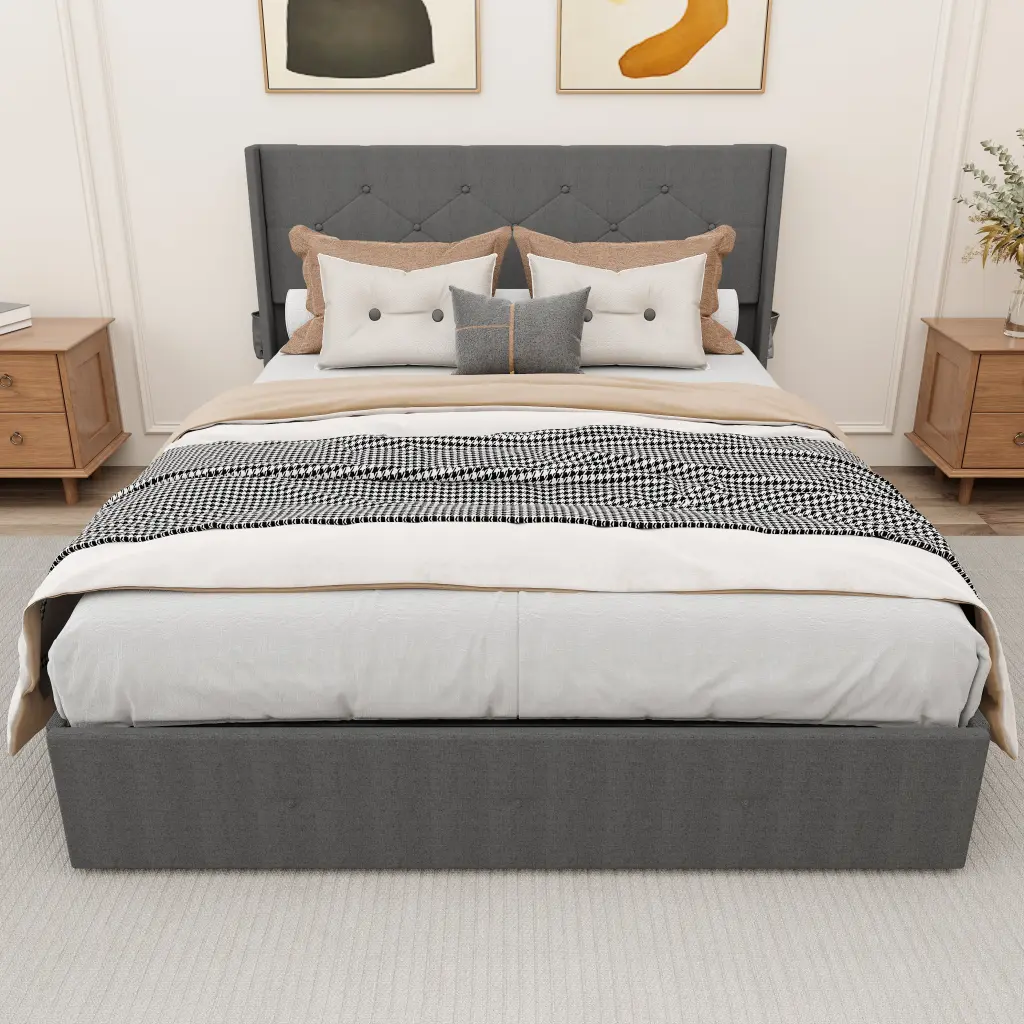 Full Size Bed Frame Gas Lift Storage Modern Wing Support Headboard f-concept