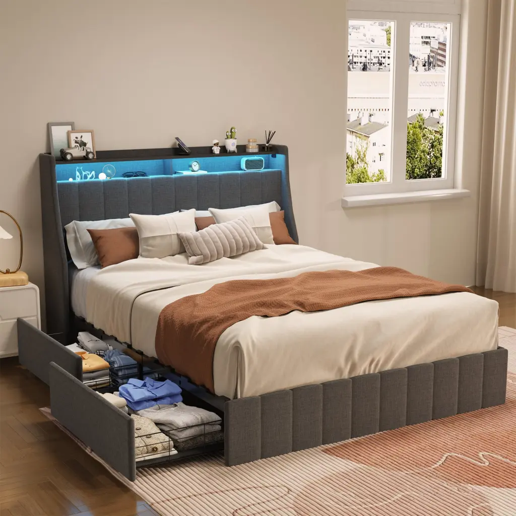Queen Size Bed Frame Led 4 Under Bed Travel-friendly Storage Drawers Wooden f-concept