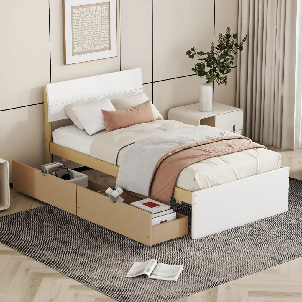 Modern Twin Bed Frame 2 Drawers White High Gloss Headboard And Footboard fangxing