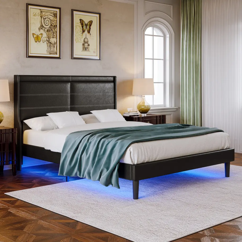Queen PU Leather Upholstered Bed Frame Lights Platform Bed Frame first choice products