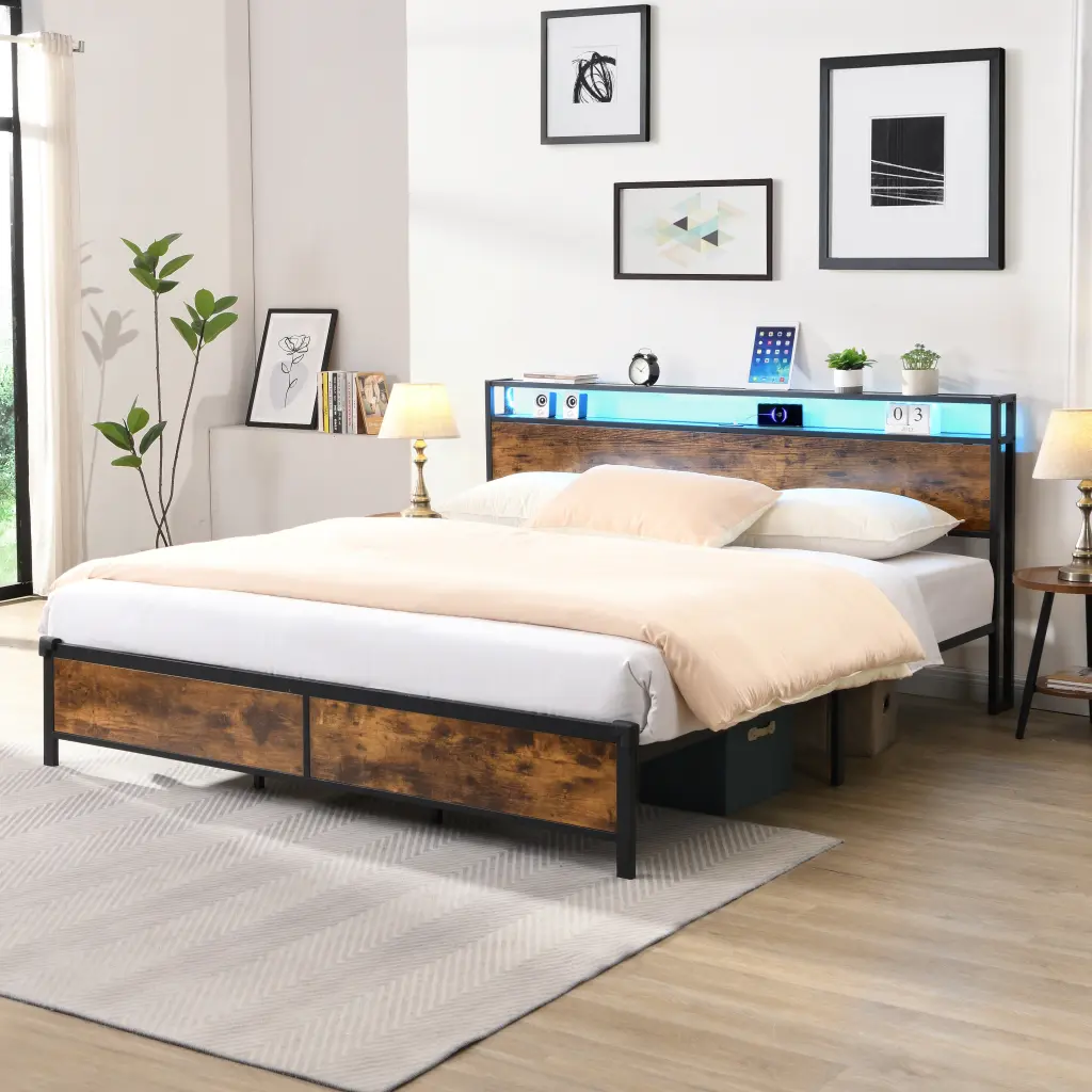 Industrial King Bed Frame LED Lights And 2 USB Ports Modern Metal Bed Frame Headboard flyx furniture