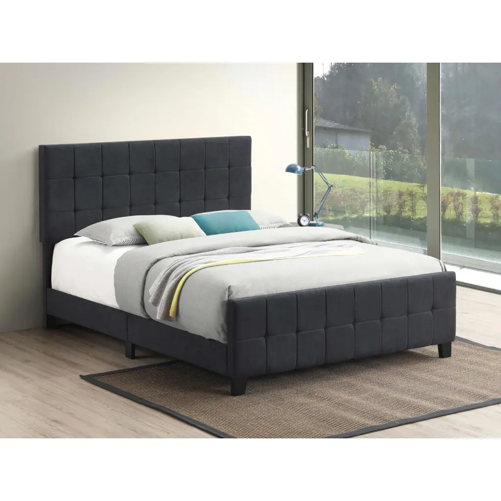 Grey Tufted Upholstered Queen Panel Bed Box Spring Required Classic Bedroom Furniture furniture max