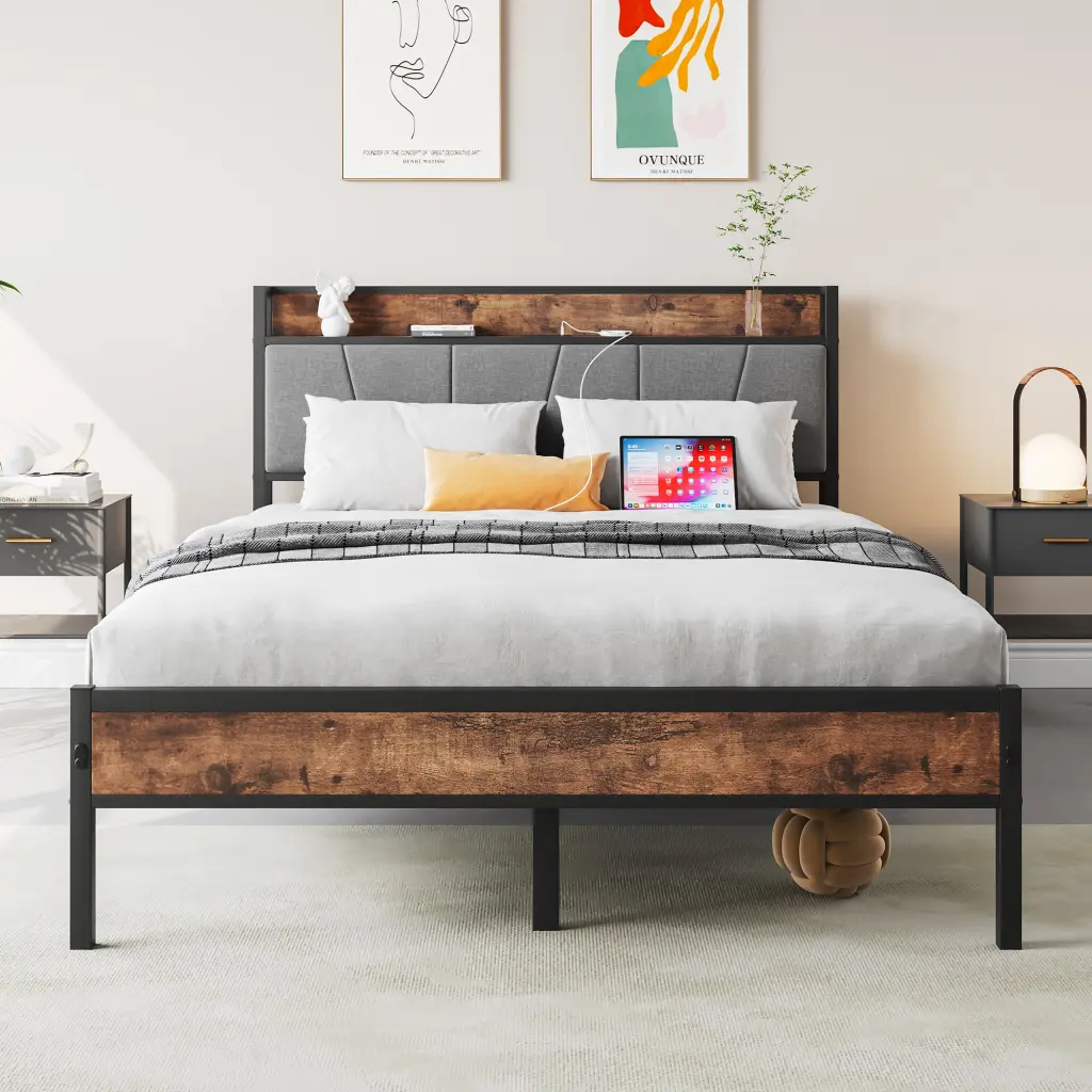 Full Size Bed Frame Storage Headboard and Charging Station Solid Wood home furniture
