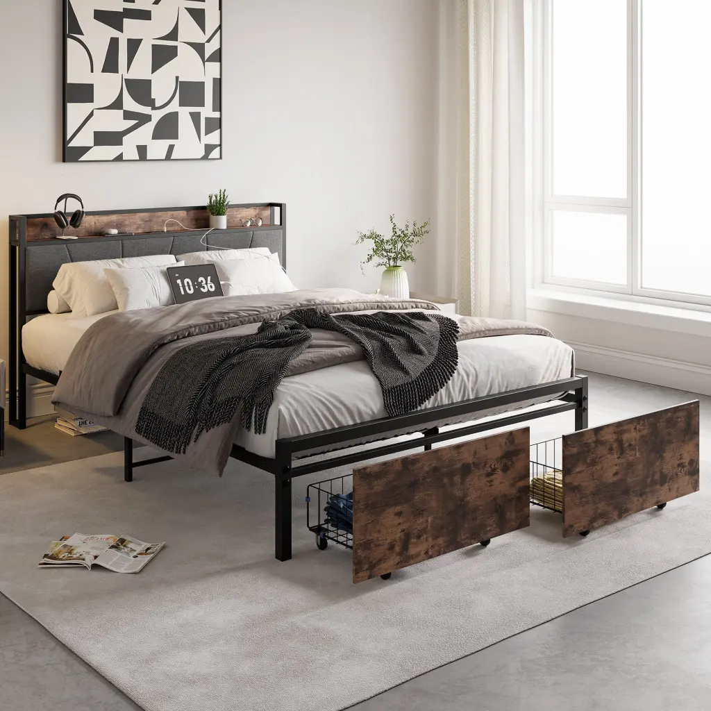 Queen Size Bed Frame Storage Headboard Charging Station And 2 Drawers Modern Bedroom Furniture home furniture