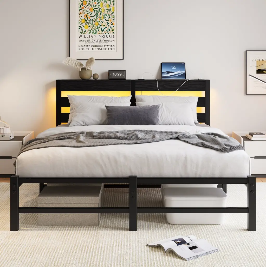 Queen Size Metal Bed Frame Wooden Headboard RGB Lights USB Charger home furniture