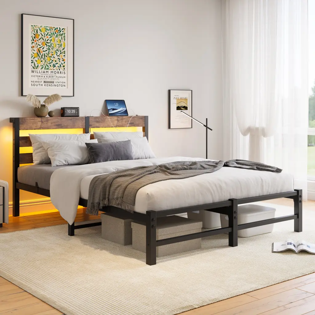 Queen Size Metal Bed Frame Wooden Headboard RGB Lights and Charger home furniture