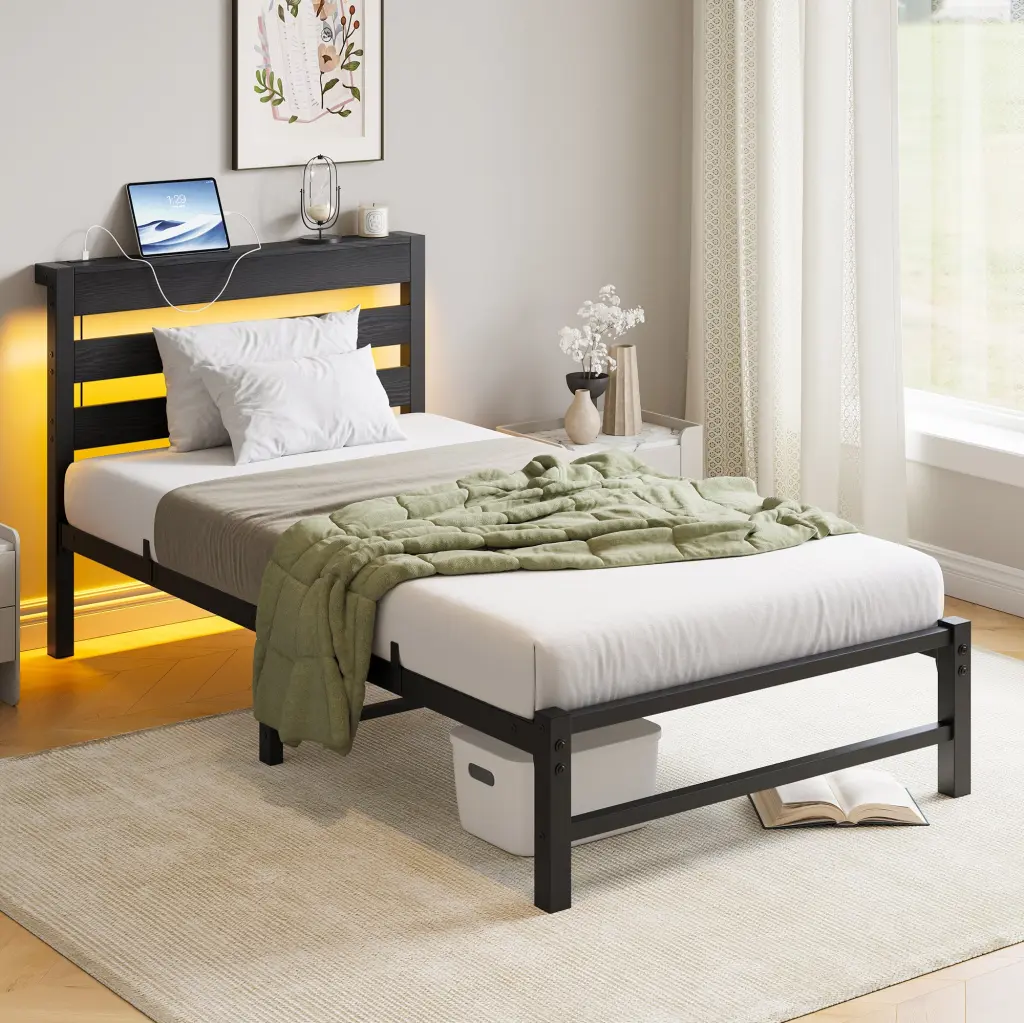 Twin Size Bed Frame Heavy Duty Platform Bed Headboard And USB Ports home furniture