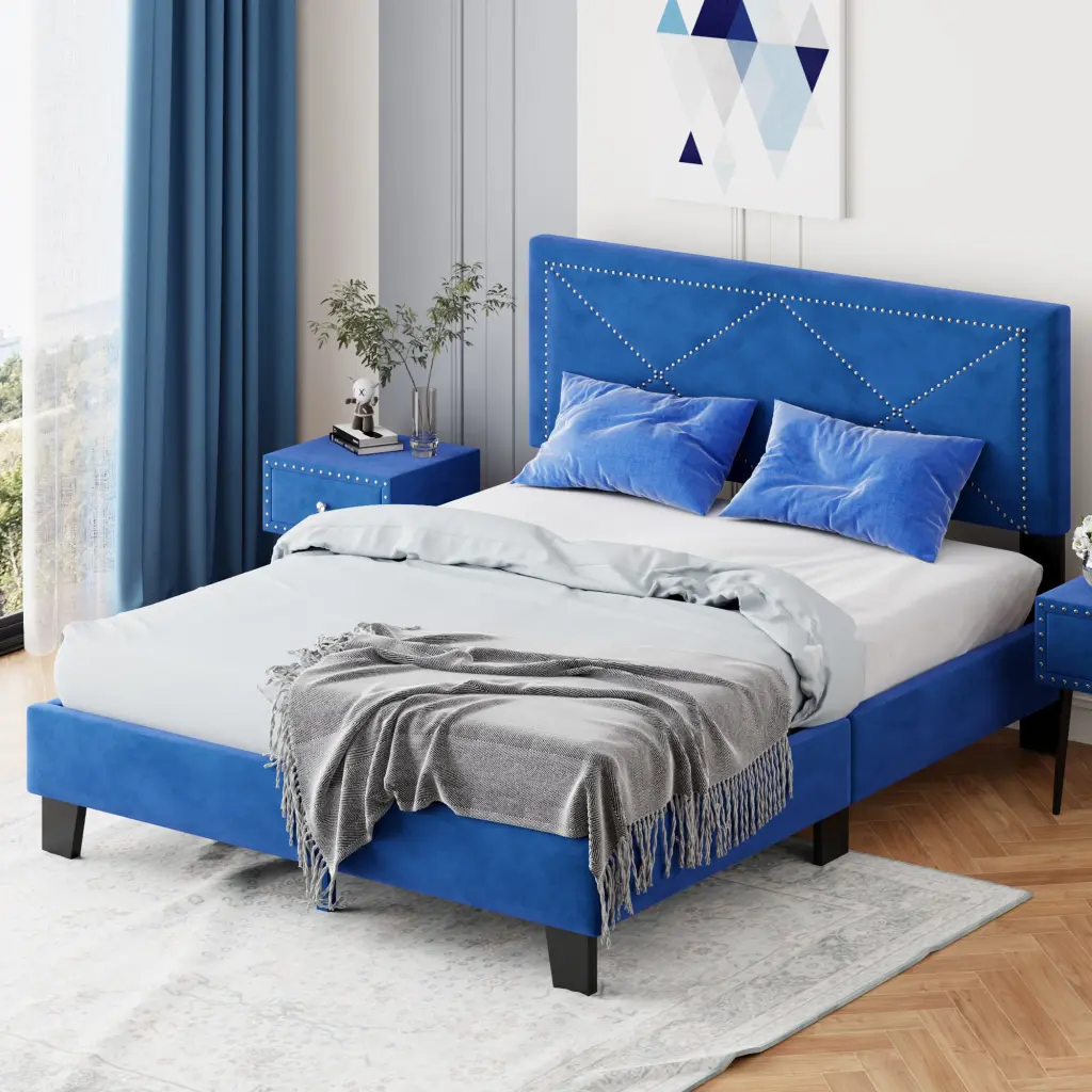 Effortless Queen Size Upholstered Bed Frame Rivet Design Modern Velvet homey life