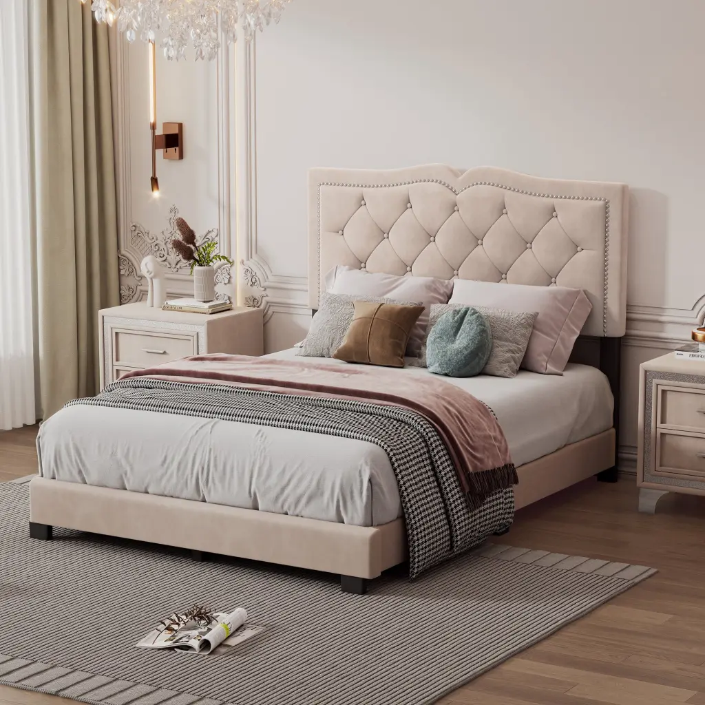 Full Size Upholstered Bed Frame Rivet Design Modern Velvet Platform Bed homey life