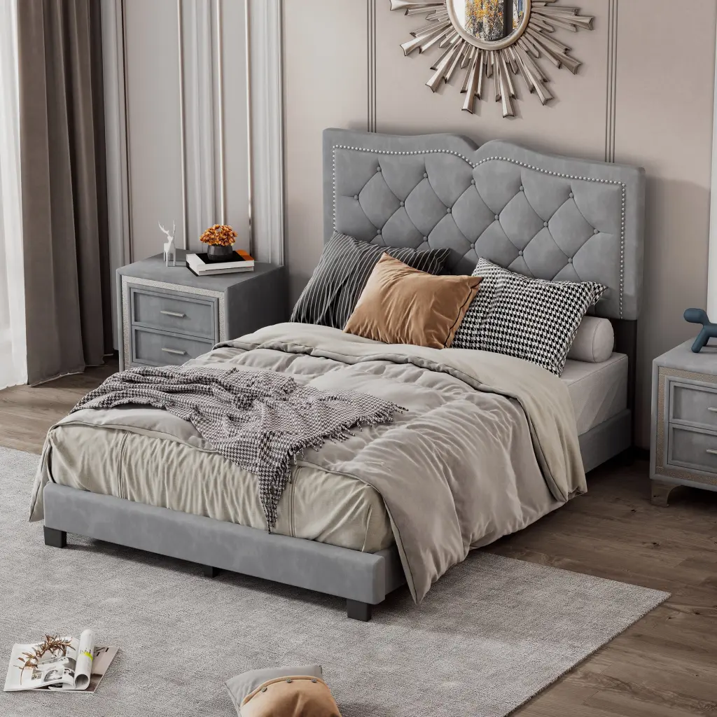 Full Size Upholstered Bed Frame Rivet Design Modern Velvet Platform Bed homey life