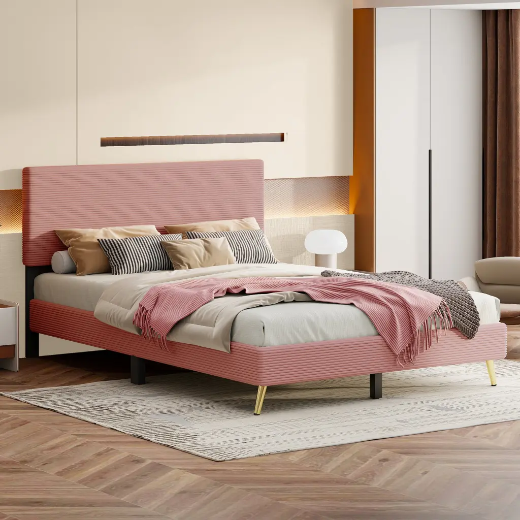Queen Size Corduroy Upholstered Bed Frame Platform Bed Horizontal homey life