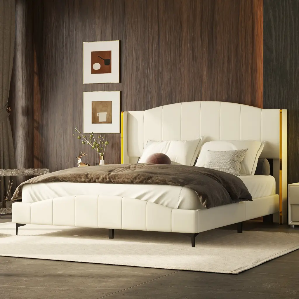 Queen Size PU Leather Upholstered Platform Bed Wingback Headboard homey life