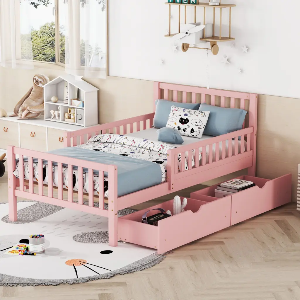 Twin Size Wood Platform Bed Guardrails and Two Storage Drawers homey life