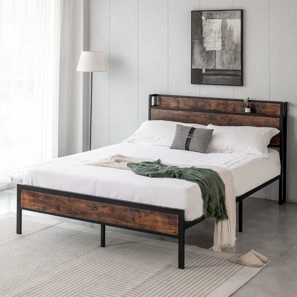 Black Queen Size Metal Bed Frame Wooden Headboard and Footboard honghai furniture