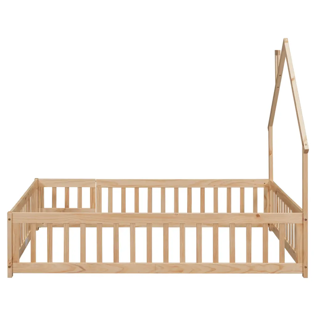 Full Houtilize Influenced Headboard Floor Bed Safety Fence, Natural Wood Finish inspirit
