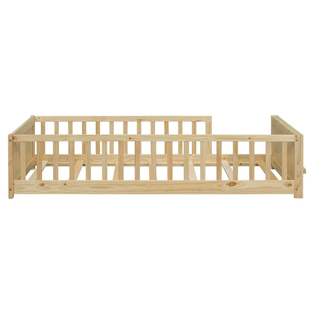 Twin Size Floor Platform Bed Built- Book Storage Rack Natural Finish inspirit